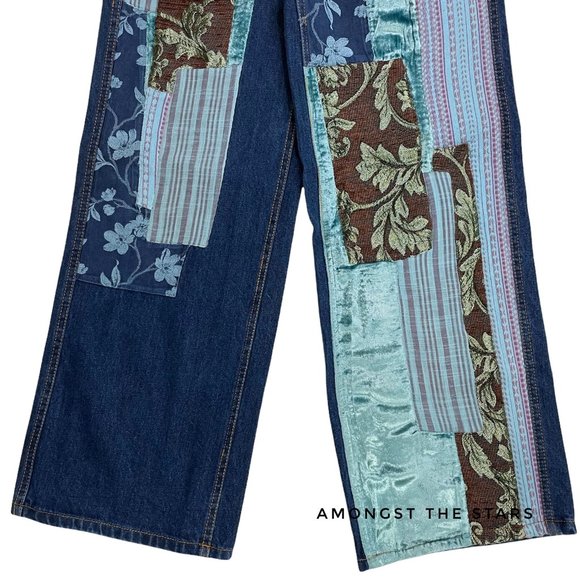 BDG Patchwork Velvet Jacquard High Waisted Wide Leg Blue Jeans - Picture 13 of 15